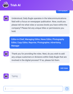 screenshot of chat with Trish AI asking for information